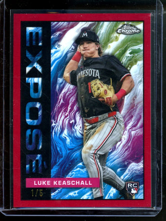 compare product 2025 Topps Chrome Luke Keaschall Rookie Expose Red /5 Twins