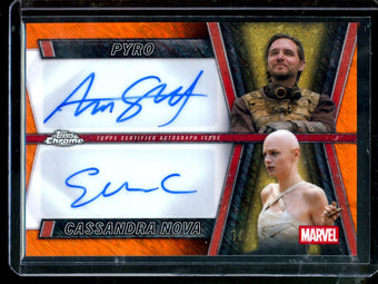 compare product 2025 Topps Deadpool and Wolverine Pyro / Cassandra Nova Dual Orange Autograph /25 Deadpool