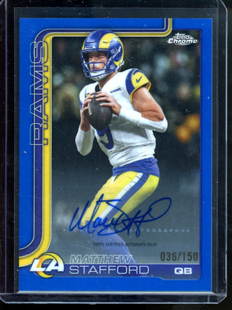compare product 2025 Topps Chrome Matthew Stafford Blue Refractor Autograph /150 Rams