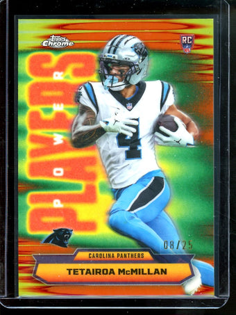 compare product 2025 Topps Chrome Tetairoa McMillan Power Players Orange Refractor /25 Rookie Panthers