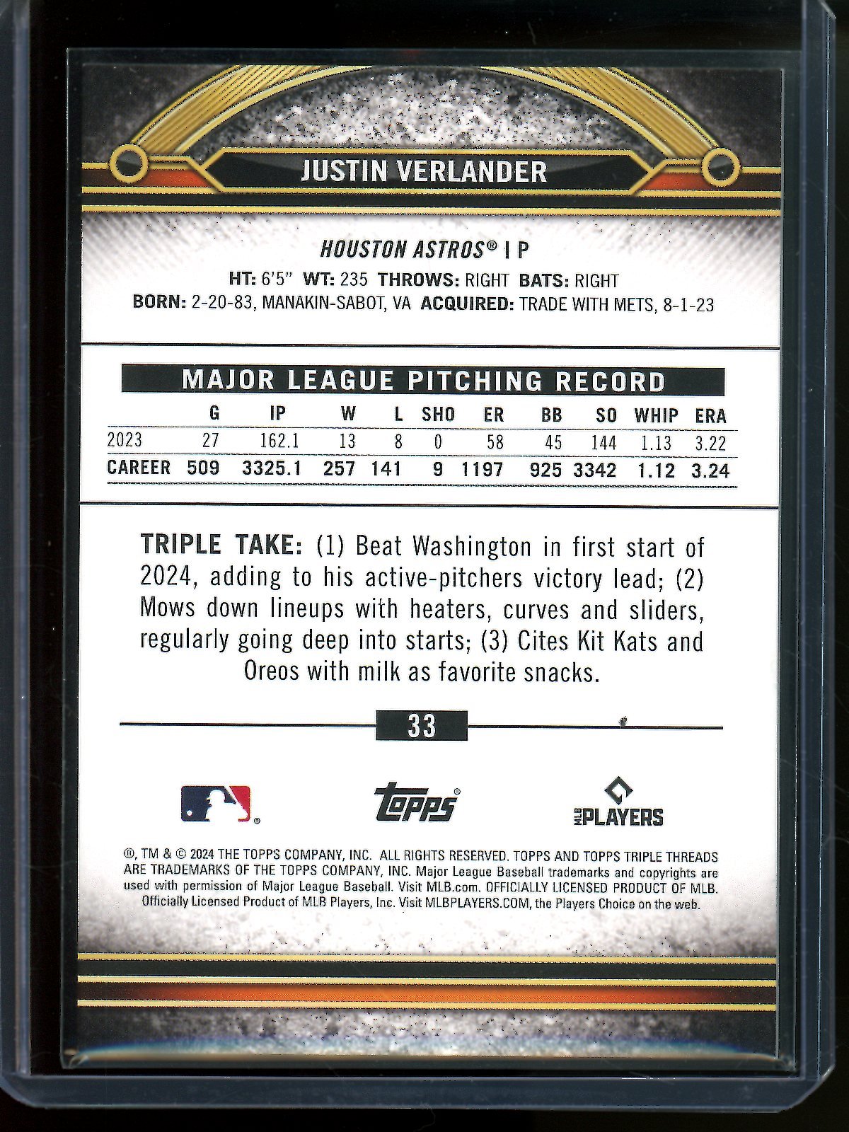 2024 Topps Triple Threads Justin Verlander Blue /25 Astros