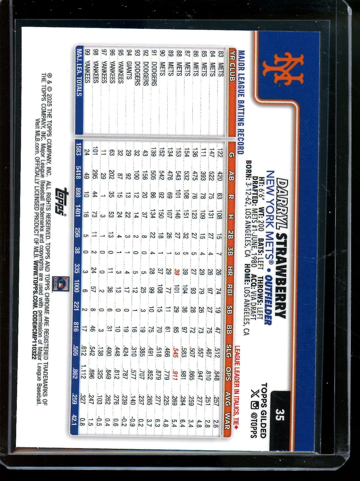 2025 Topps Chrome Darryl Strawberry Wave Refractor /75 Mets B
