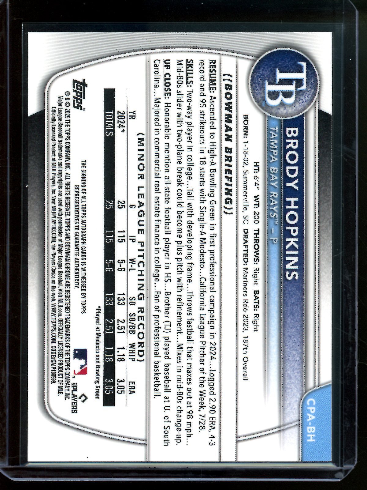 2025 Bowman Chrome Brody Hopkins 1st Autograph Rays