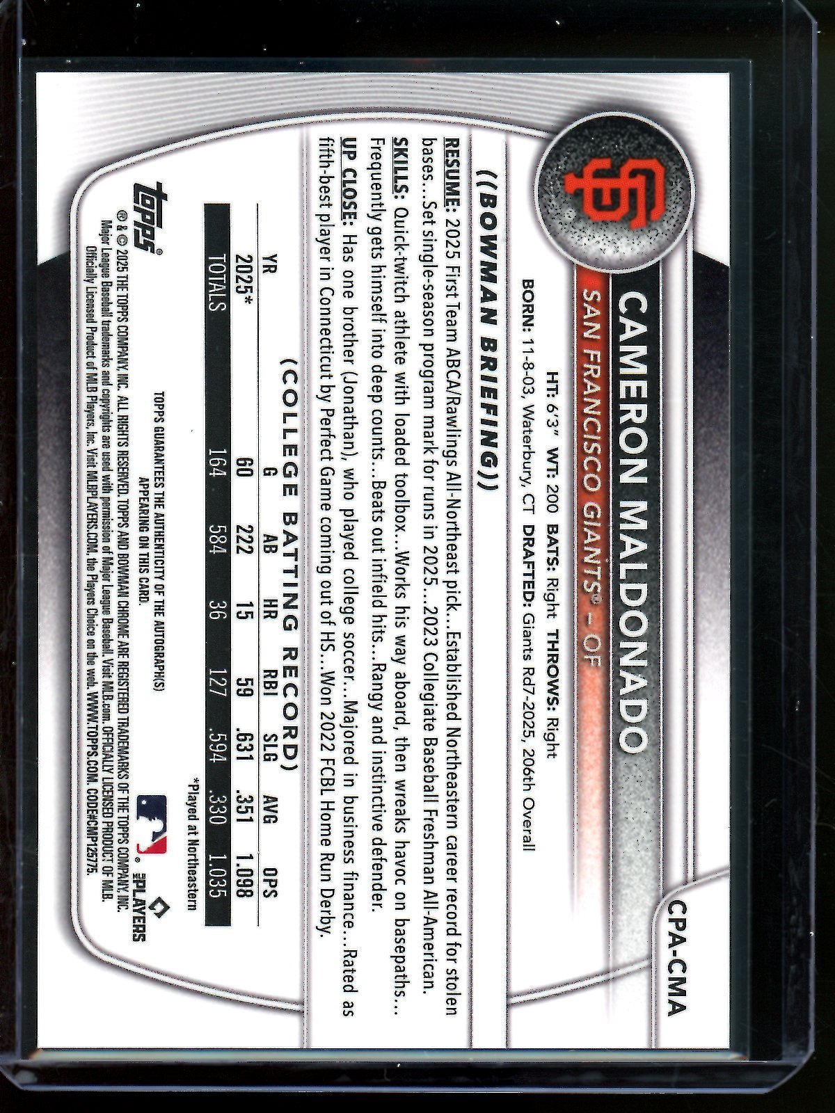 2025 Bowman Chrome Cameron Maldonado 1st Autograph Giants