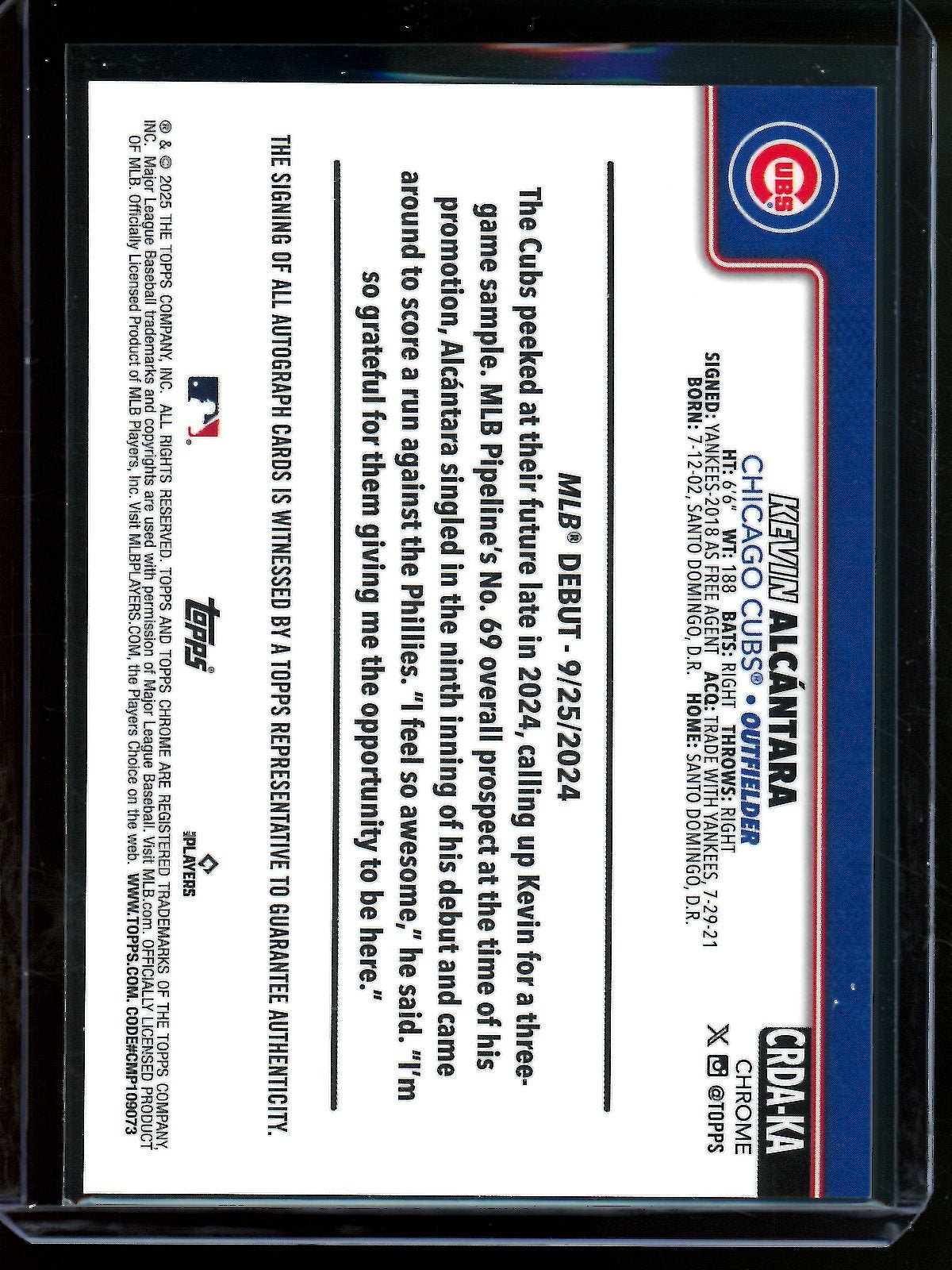 2025 Topps Chrome Kevin Alcantara Gold Rookie Autograph /50 Cubs