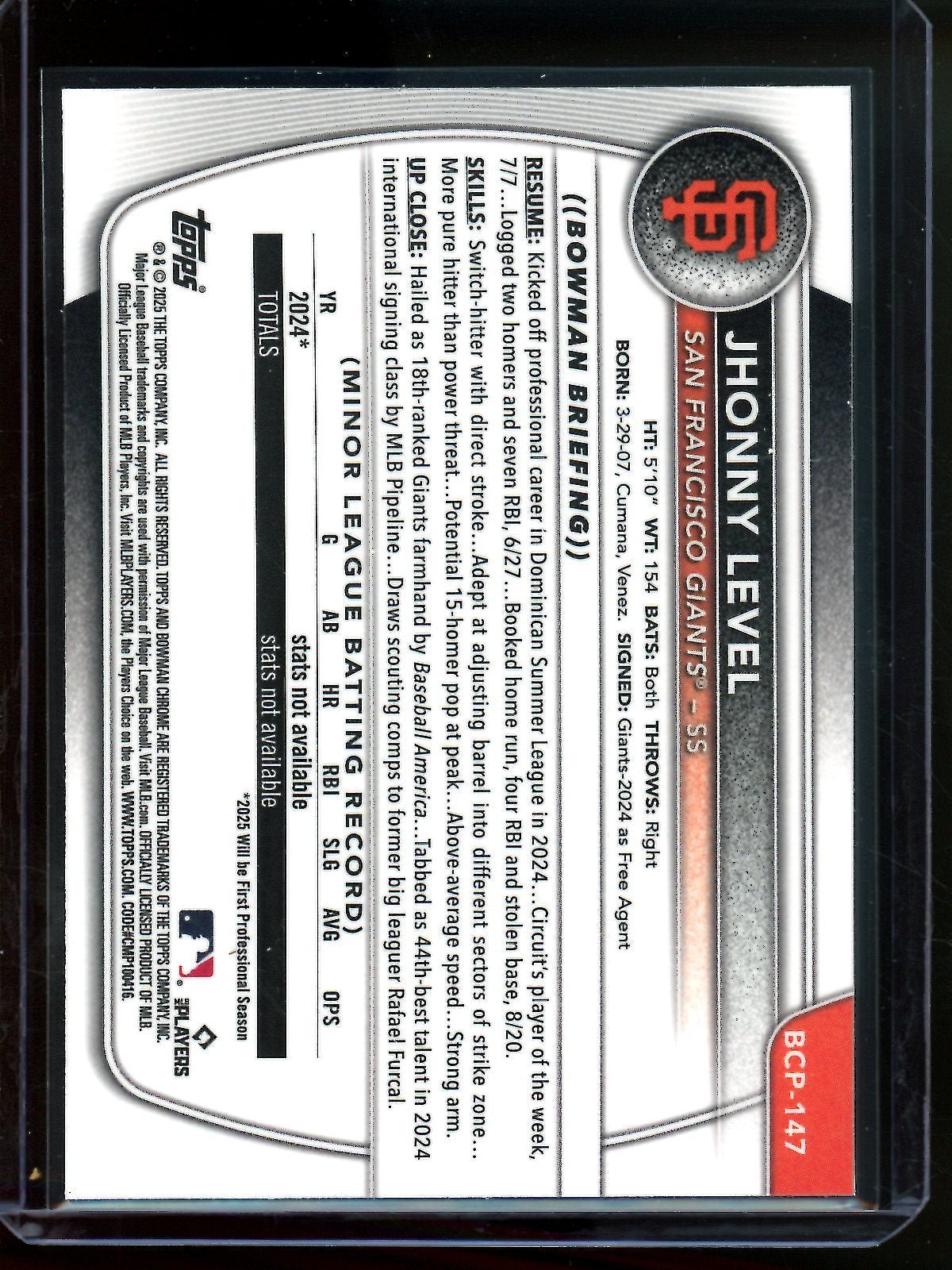 2025 Bowman Chrome Jhonny Level 1st Blue Raywave Refractor /150 Giants