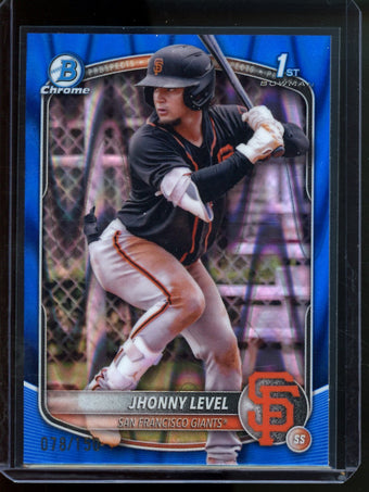 compare product 2025 Bowman Chrome Jhonny Level 1st Blue Raywave Refractor /150 Giants