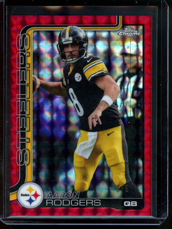 compare product 2025 Topps Chrome Aaron Rodgers Red Geometric Refractor /5 Steelers