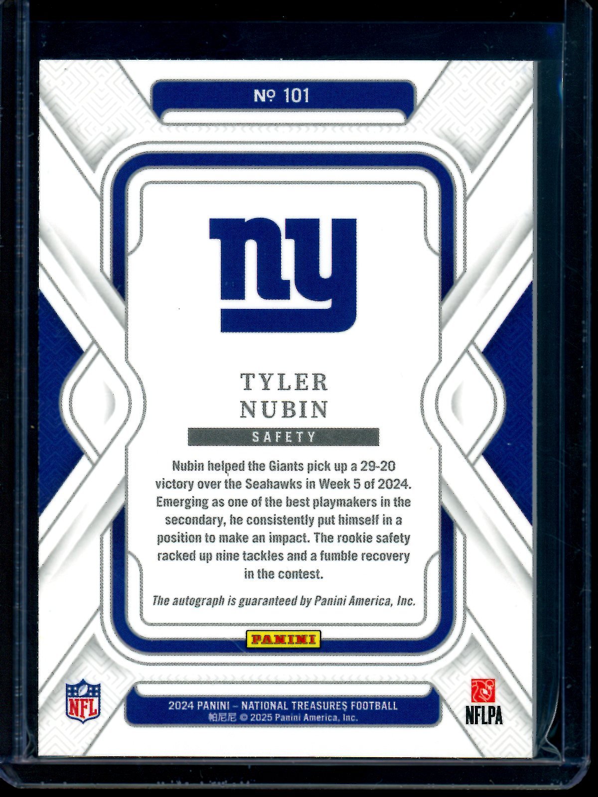 2024 Panini National Treasures Tyler Nubin Rookie Autograph /35 Giants