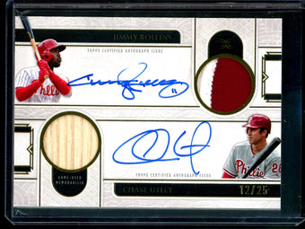compare product 2025 Topps Definitive Jimmy Rollins / Chase Utley Dual Autograph Relic /25 Phillies