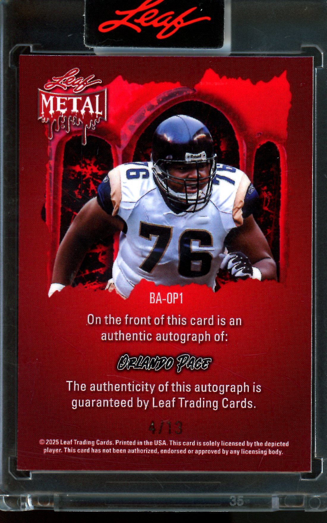 2025 Leaf Metal Orlando Pace Red Autograph Encased /13 Rams