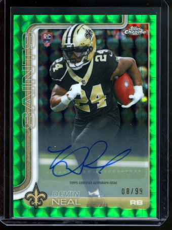 compare product 2025 Topps Chrome Devin Neal Green Geometric Autograph /99 Saints