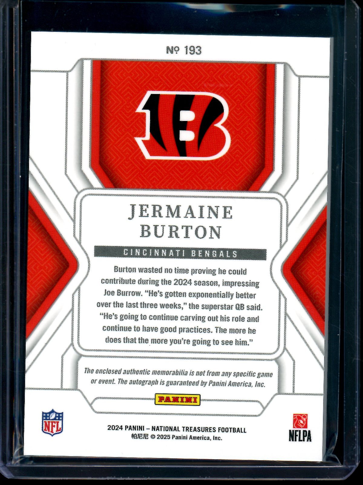2024 Panini National Treasures Jermaine Burton Rookie Patch Autograph /99 Bengals