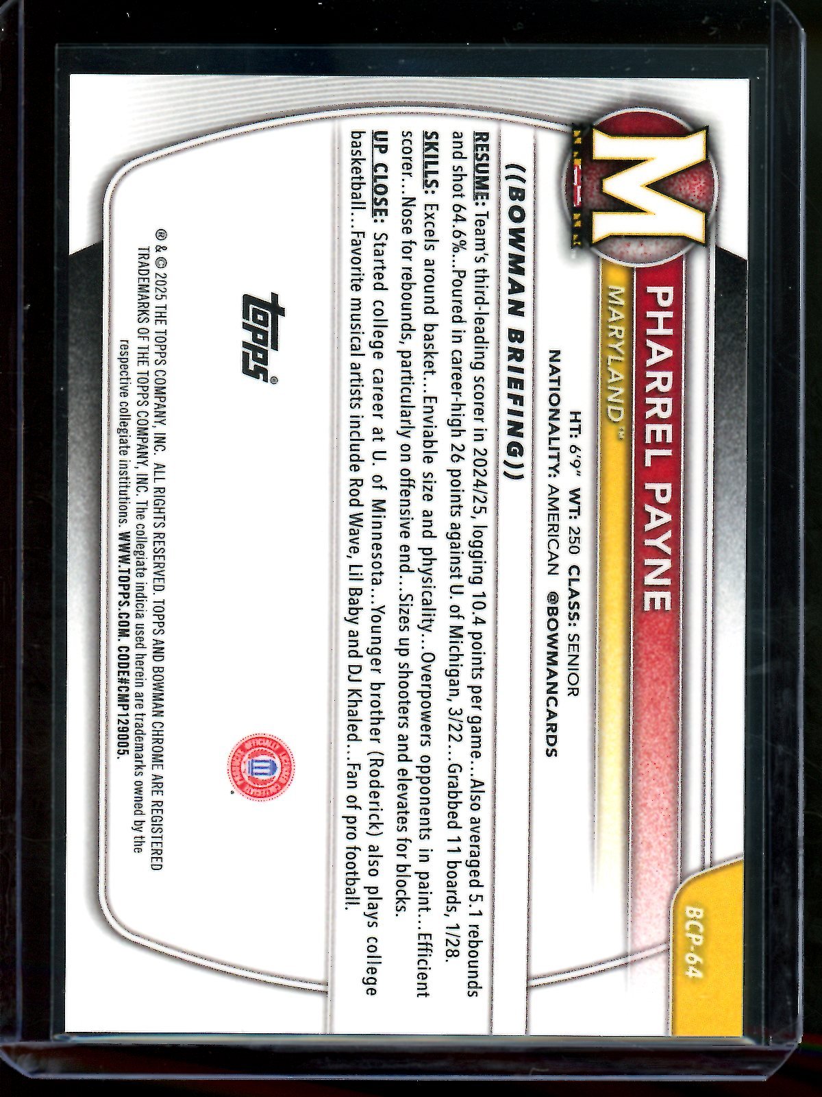2025 Bowman U Chrome Pharrel Payne 1st Bowman /15 Maryland