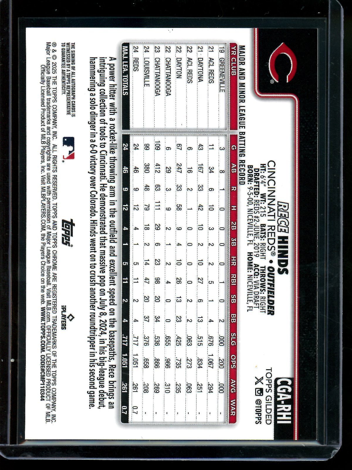 2025 Topps Gilded Rece Hinds Rookie Autograph /75 Reds