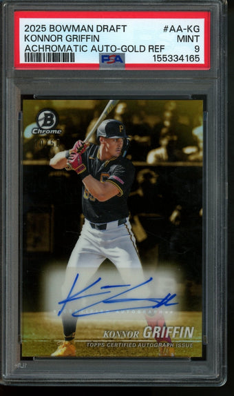 compare product 2025 Bowman Draft Konnor Griffin Achromatic Autograph Gold /50 PSA 9 Pirates