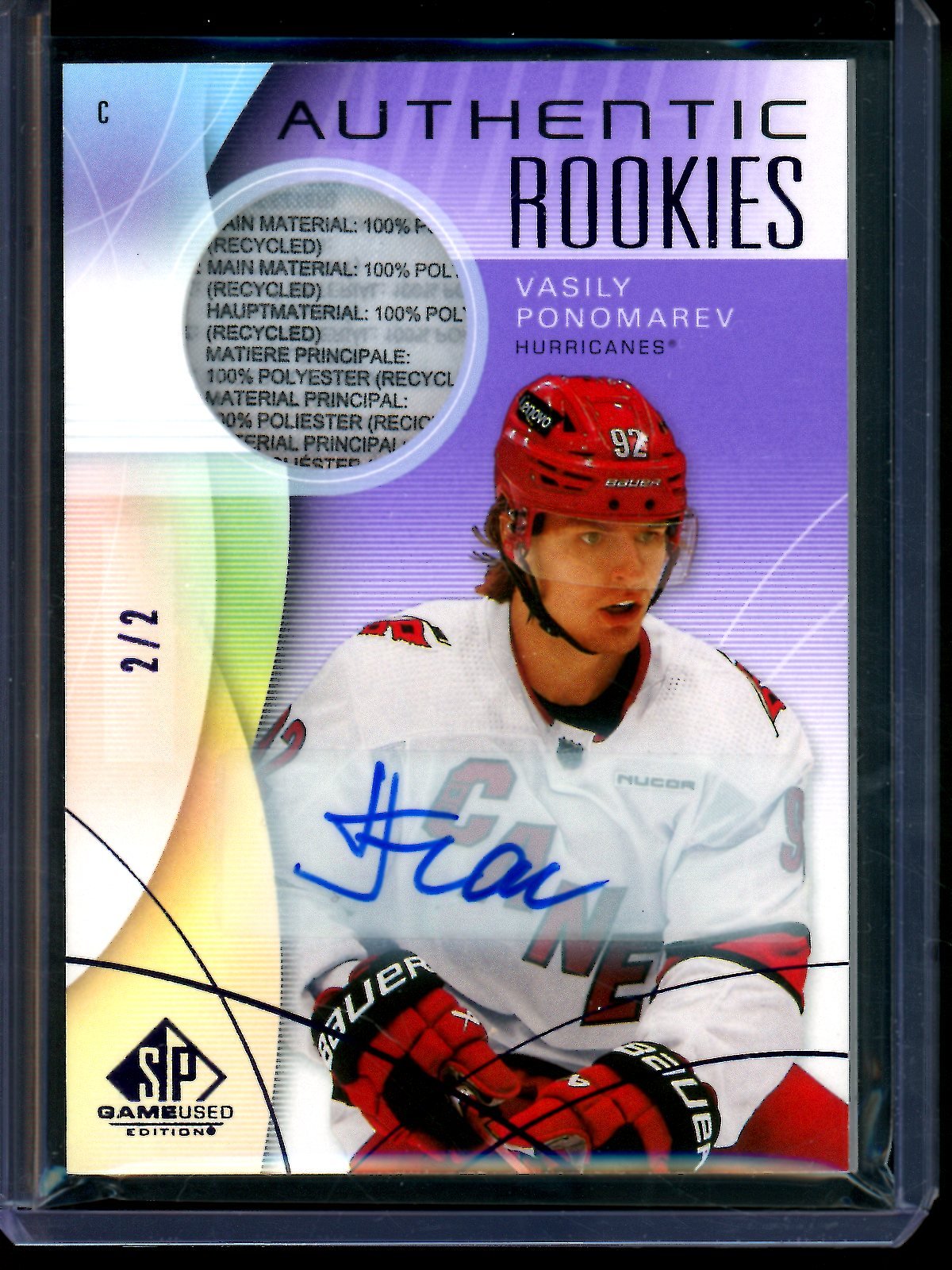2025 Upper Deck SP Game Used Vasily Ponomarev Authentic Rookie Patch Autographs /2 Hurricanes