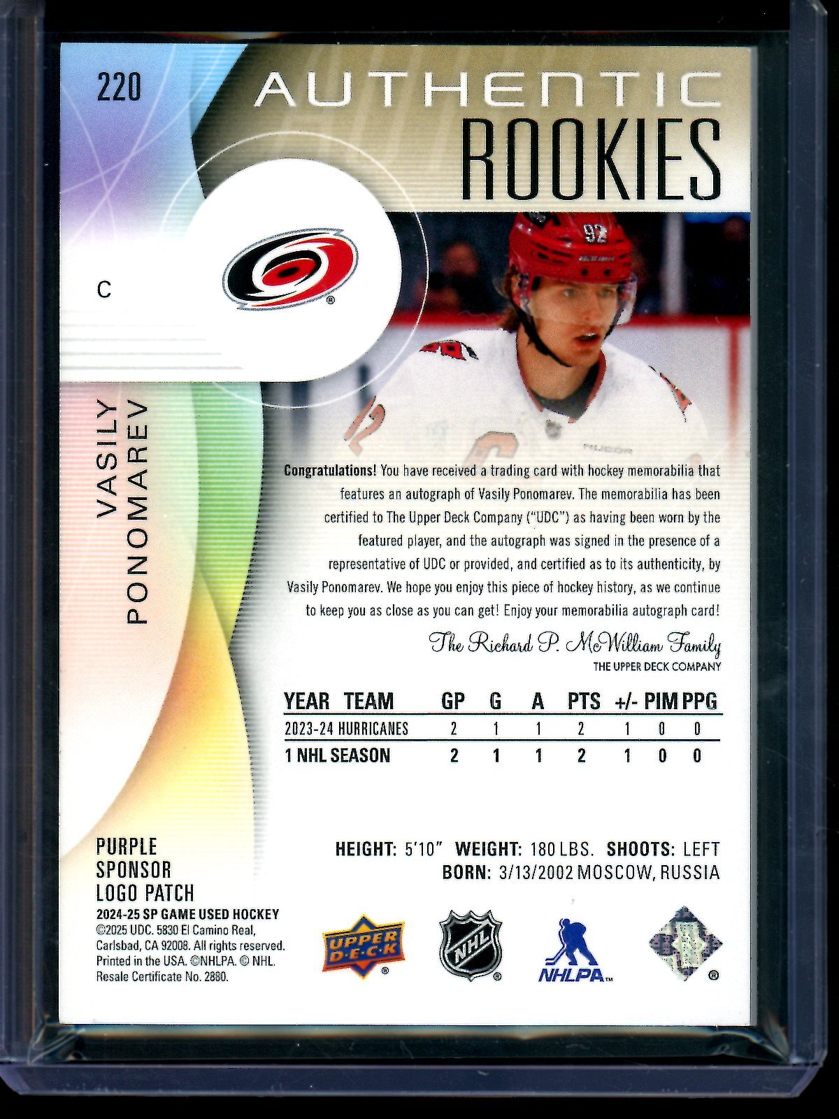 2025 Upper Deck SP Game Used Vasily Ponomarev Authentic Rookie Patch Autographs /2 Hurricanes