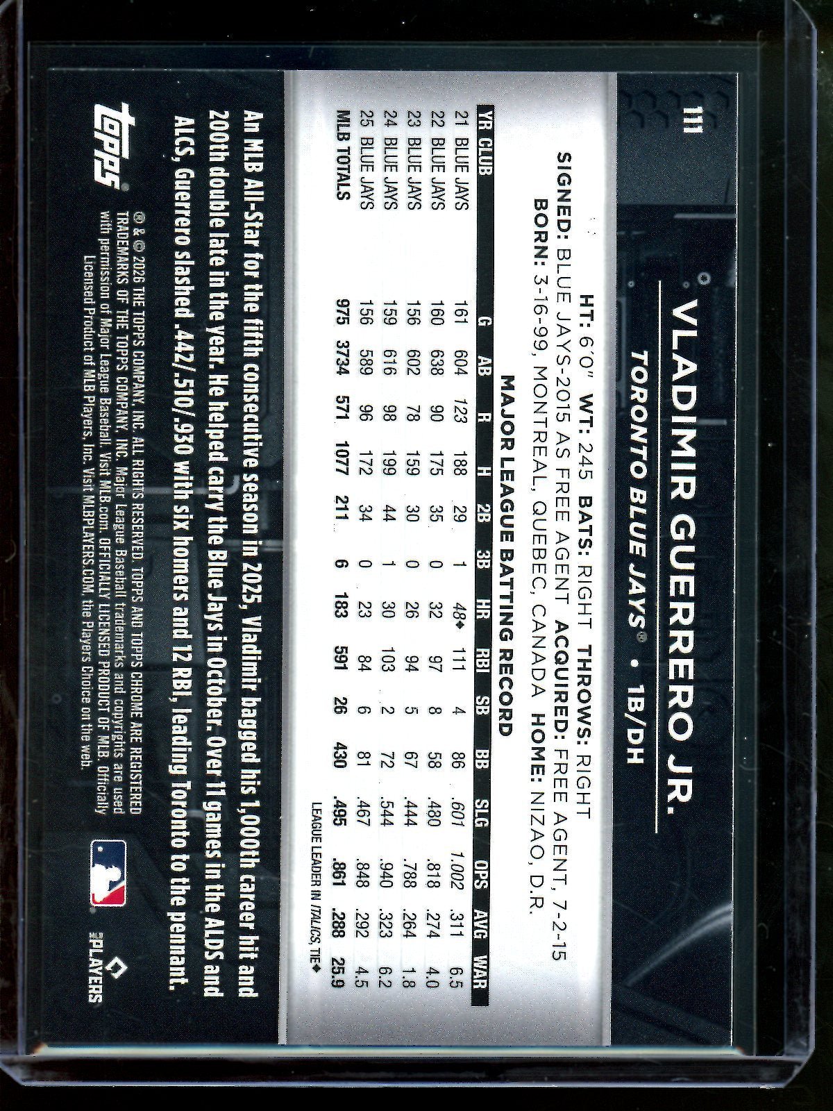 2026 Topps Black Vladimir Guerrero Jr Orange Refractor /25 Blue Jays