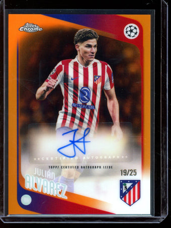 compare product 2026 Topps Chrome Julian Alvarez Orange Refractor Autograph /25 Atletico De Madrid