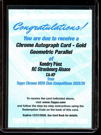 compare product 2026 Topps Chrome Kendry Paez Gold Geometric Refractor Autograph /50 Redemption RC Strasbourg Alsace