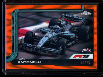 compare product 2025 Topps Chrome Kimi Antonelli Raywave Orange Rookie Refractor /25 Mercedes-AMG F1