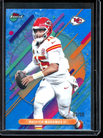 compare product 2025 Topps Finest Patrick Mahomes II Rare Blue Refractor /99 Chiefs