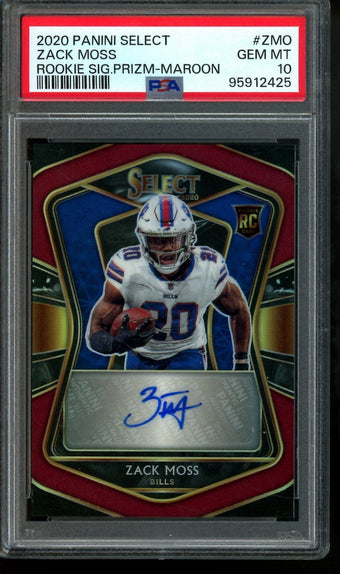 compare product 2020 Panini Select Zack Moss Rookie Signature Maroon /60 PSA 10 Bills
