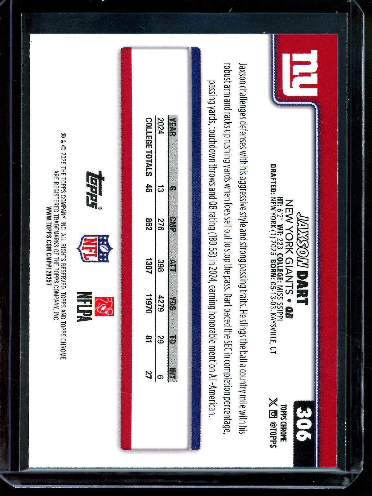 2025 Topps Chrome Jaxson Dart Red White Blue Rookie Refractor Giants