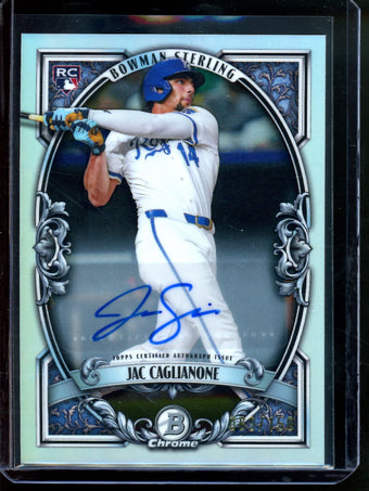 compare product 2026 Topps Bowman Chrome Jac Caglianone Sterling Autograph Refractor /150 Royals