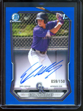 compare product 2026 Bowman Chrome Ethan Holliday Blue Refractor 1st Autograph /150 Rockies