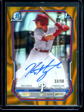 compare product 2026 Bowman Chrome Kehden Hettiger 1st Lava Autograph Gold /50 Phillies
