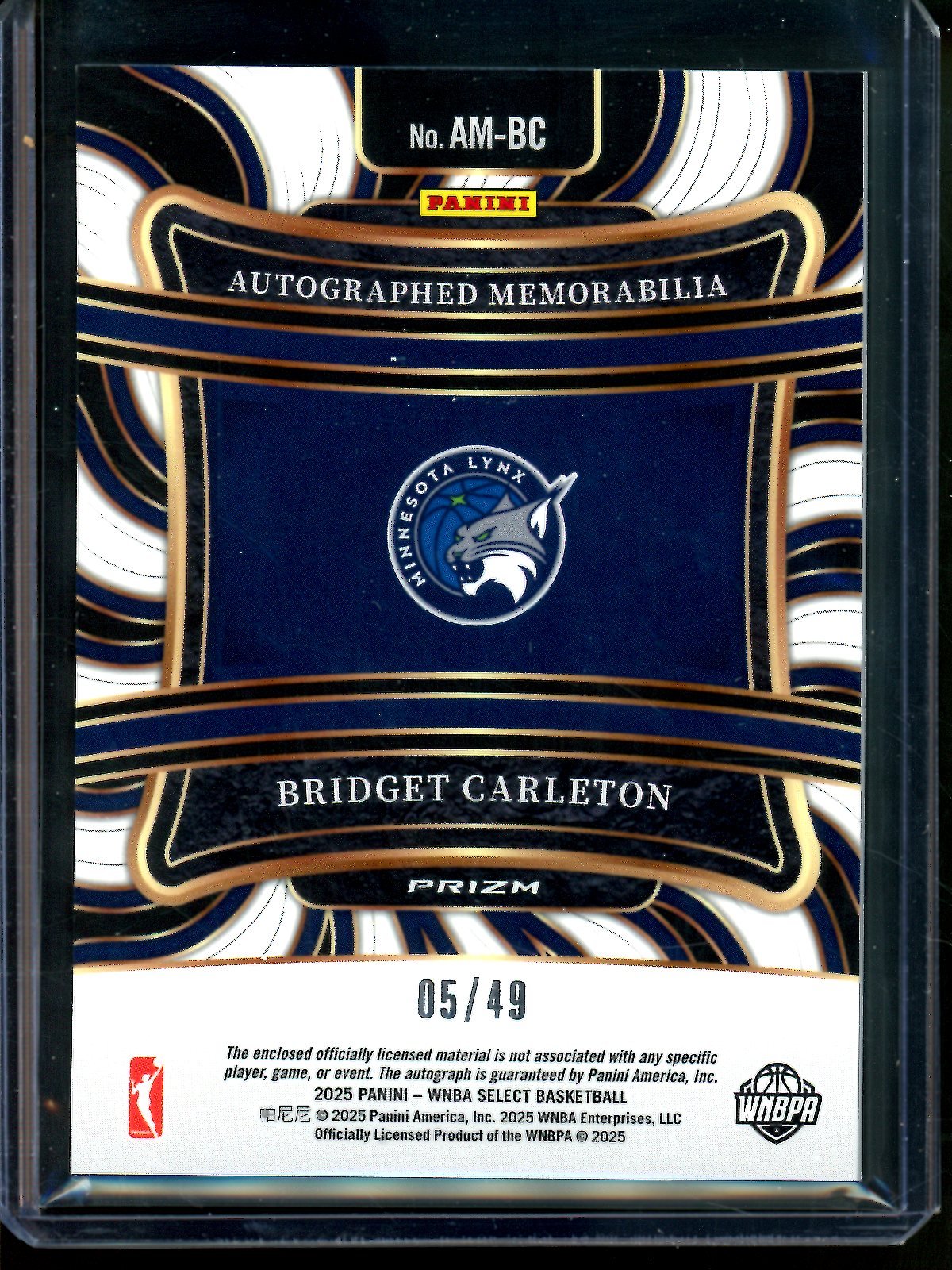 2025 Panini Select Bridget Carleton Blue Patch Autograph /49 Lynx