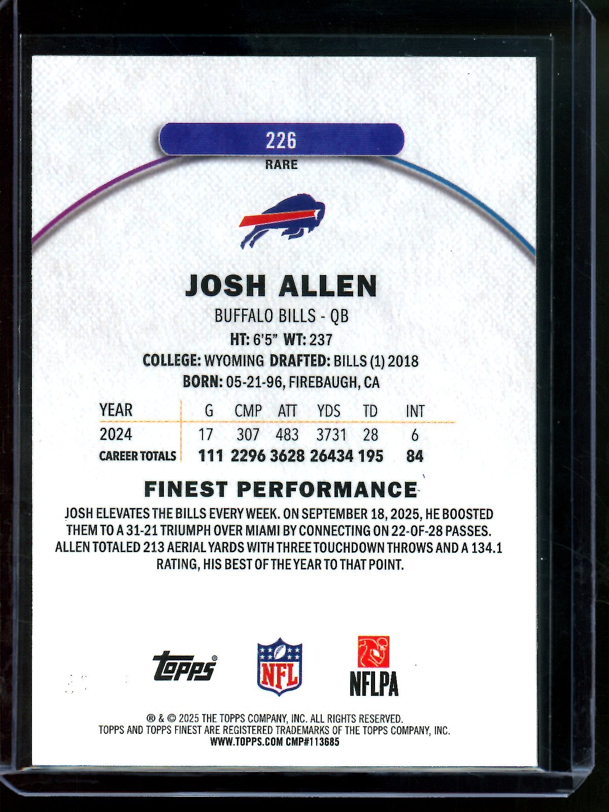 2025 Topps Finest Josh Allen Purple /75 Bills