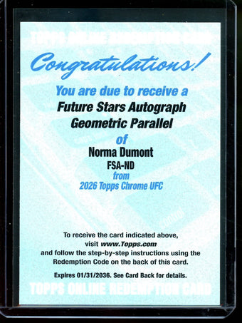 compare product 2026 Topps Chrome Norma Dumont Future Stars Autograph Geometric Redemption