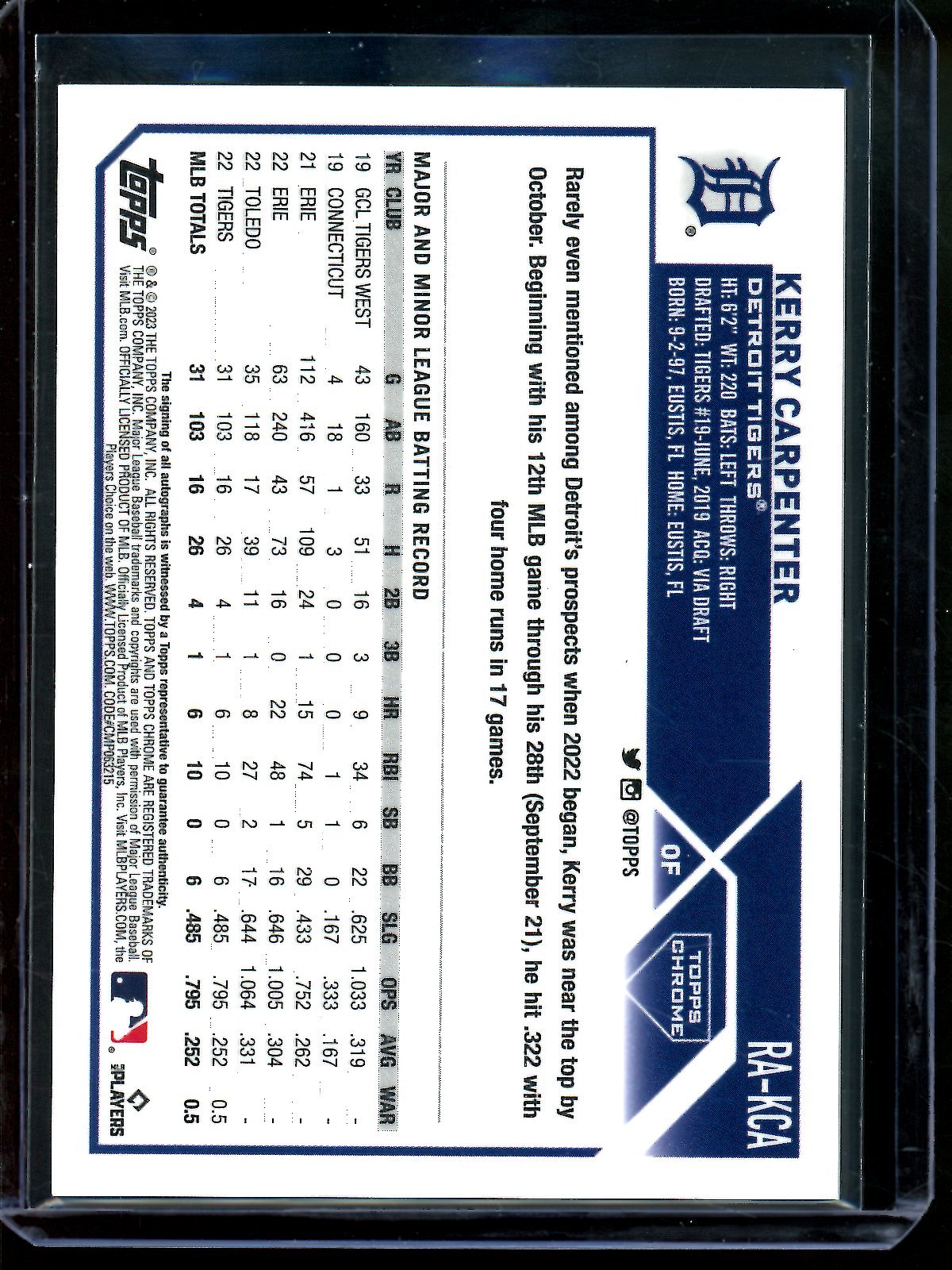2023 Topps Chrome Kerry Carpenter Gold Shimmer Rookie Autograph /50 Tigers