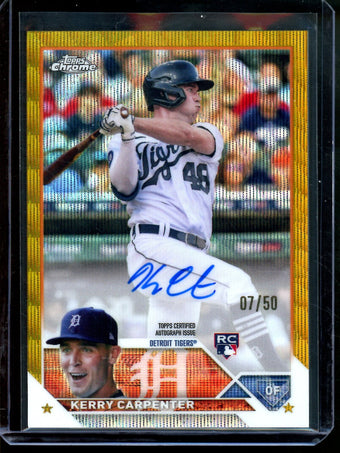 compare product 2023 Topps Chrome Kerry Carpenter Gold Shimmer Rookie Autograph /50 Tigers