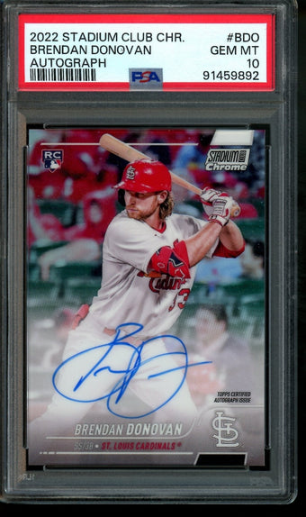 compare product 2022 Topps Stadium Club Chrome Brendan Donovan Refractor Rookie Autograph PSA 10 Cardinals