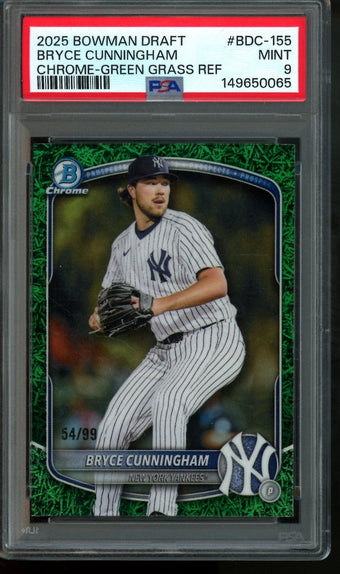 compare product 2025 Bowman Draft Bryce Cunningham Green Grass Refractor /99 PSA 9 Yankees