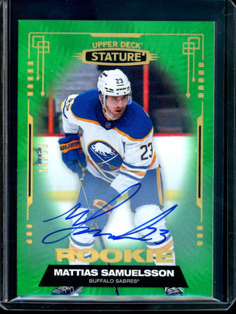 compare product 2021 Upper Deck Stature Mattias Samuelsson Green Rookie Autograph /50 Sabres