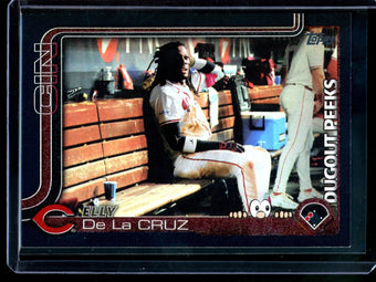 compare product 2025 Topps Series 1 Elly De La Cruz Dugout Peeks SP Black Foil /10 Reds