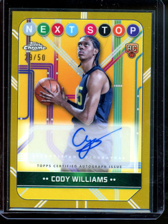 compare product 2025 Topps Chrome Cody Williams Next Stop Rookie Autograph Gold /50 Jazz