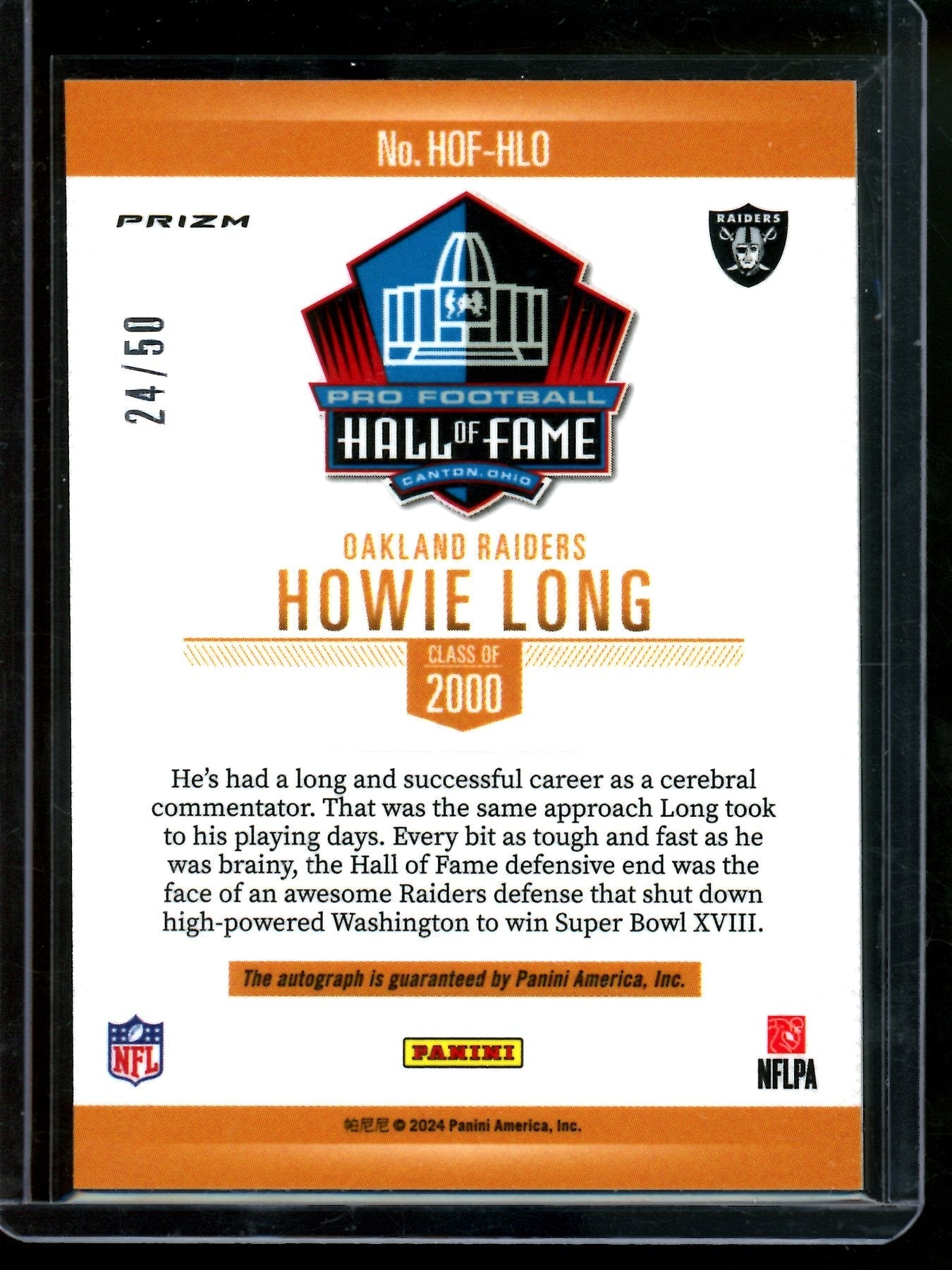 2024 Panini Prizm Howie Long Hall Of Fame Autograph /50 Raiders