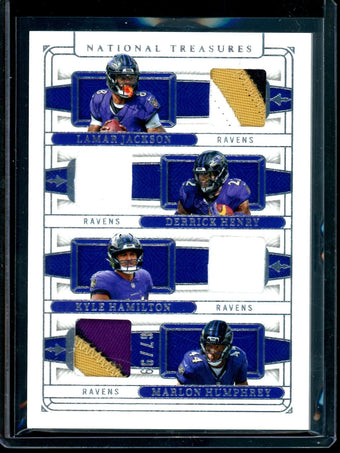 compare product 2025 Panini National Treasures Jackson / Henry / Hamilton / Humphrey NFL Gear Quad Materials /99 Ravens