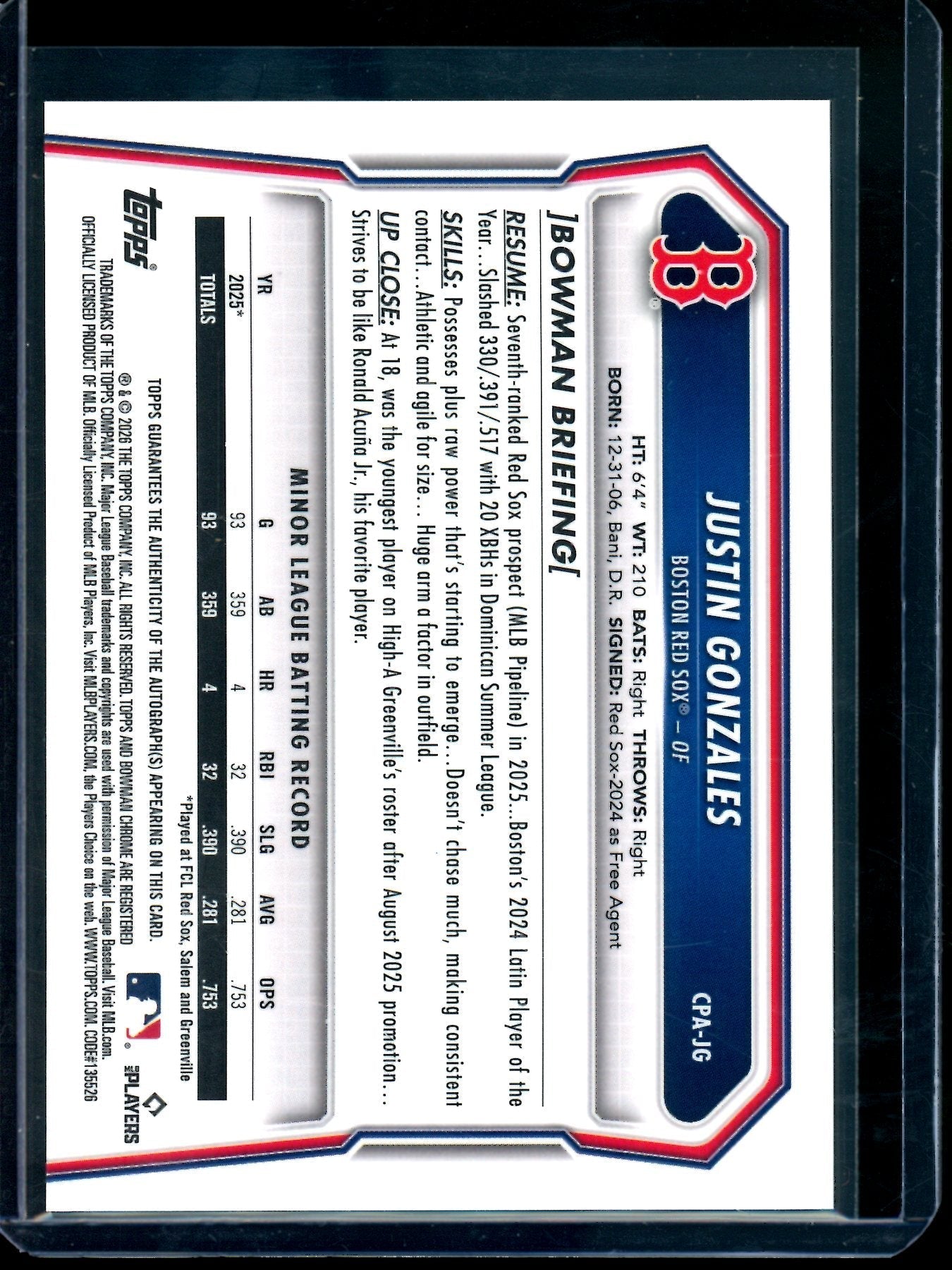 2026 Bowman Chrome Justin Gonzales 1st Autograph Red Sox