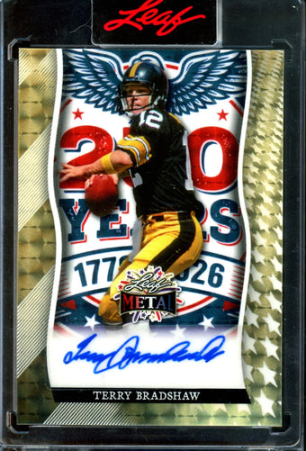 compare product 2026 Leaf Metal Terry Bradshaw 1/1 Gold Vinyl 250 Years Autograph Encased Steelers