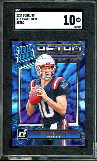 compare product 2024 Panini Donruss Drake Maye Retro Rated Rookie SGC 10 Patriots