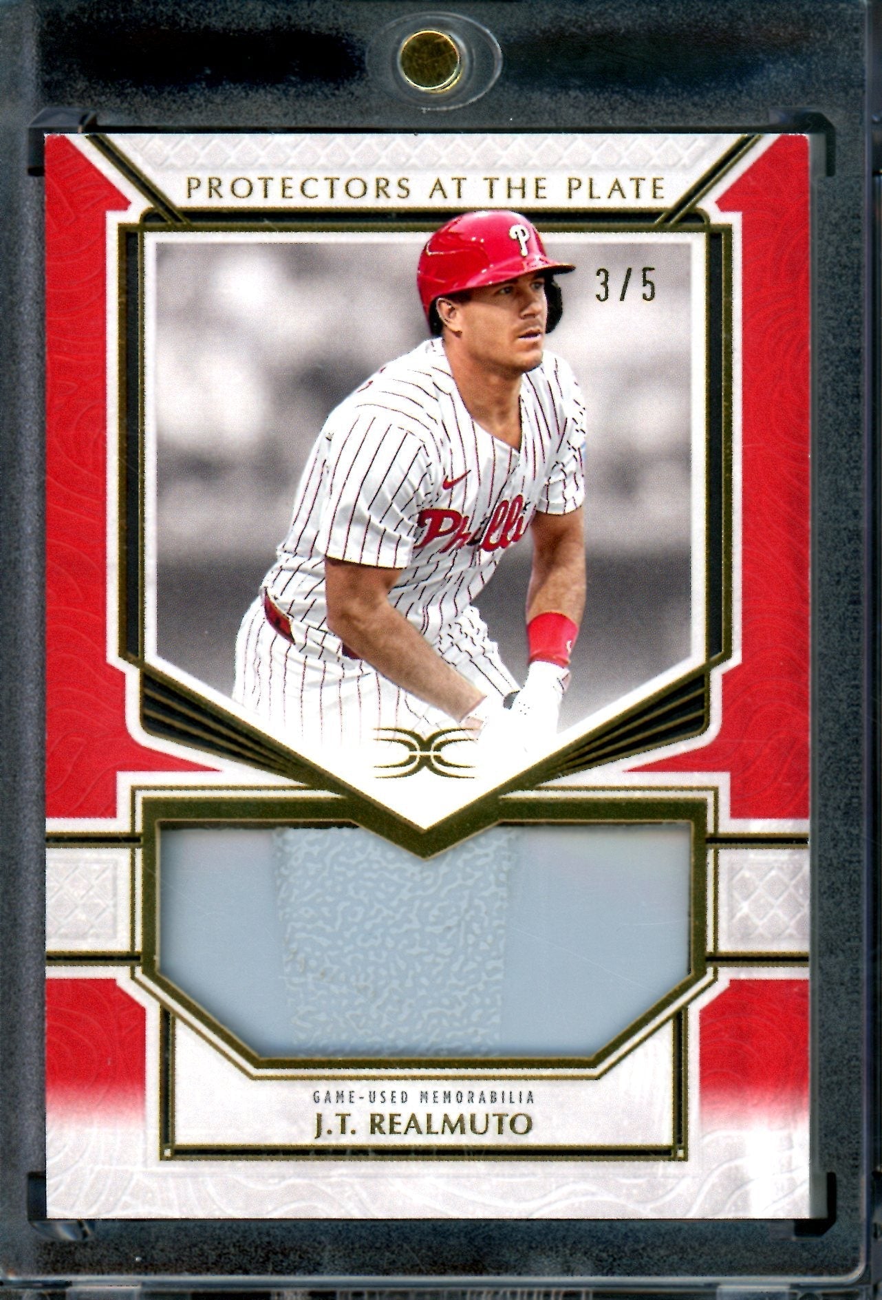 2025 Topps Definitive J.T. Realmuto Protectors at the Plate Helmet Relic Red /5 Phillies