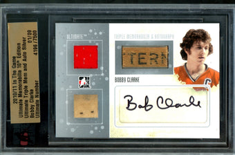 compare product 2010 In The Game Ultimate Bobby Clarke Triple Memorabilia Autograph /9 Flyers