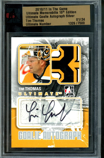 compare product 2010 In The Game Ultimate Tim Thomas Goalie Autograph /24 Bruins